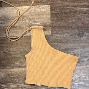 Aerie Tan Ribbed Knit One-Shoulder Top